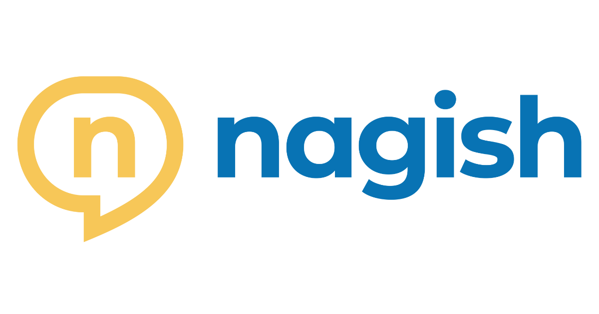 A white background with a logo, it shows a yellow text box with a n inside it and in blue text the word “nagish” is located to the right of it.