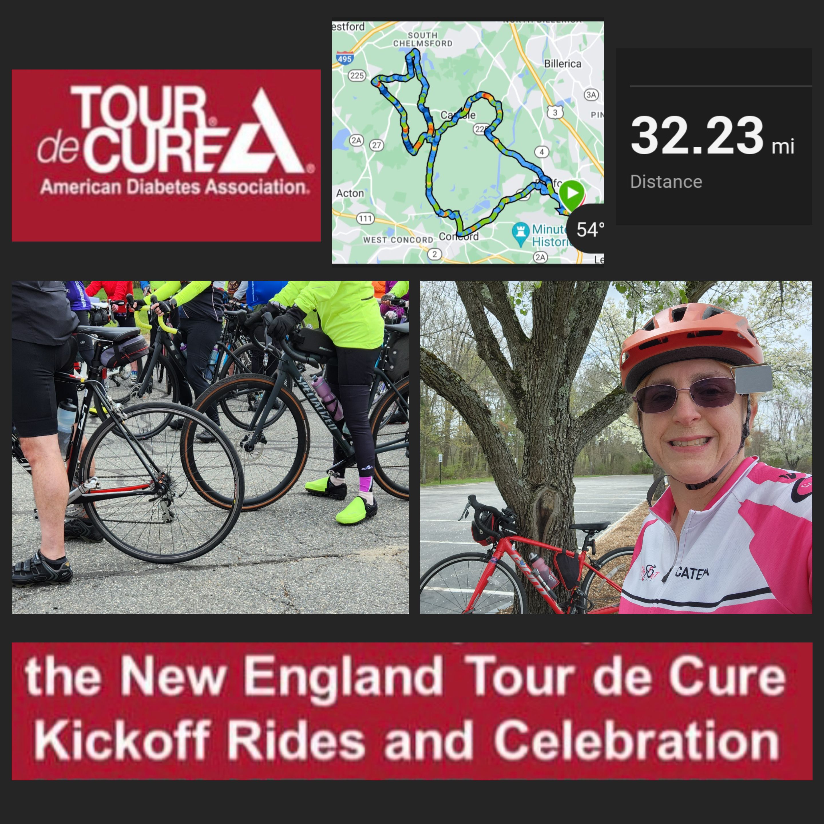 A photo collage with black background. First picture on top left shows red background and Tour de Cure logo in white. A screenshot of a map route is next, with 32.23 mi distance marker. Below are two pictures, left one showing the bottom of many people on their bikes. The right picture shows Carol smiling with sunglasses, bicycling uniform, helmet, standing in front of her bicycle. At the bottom, white text on red background reads "The New England Tour de Cure Kickoff Rides and Celebration"