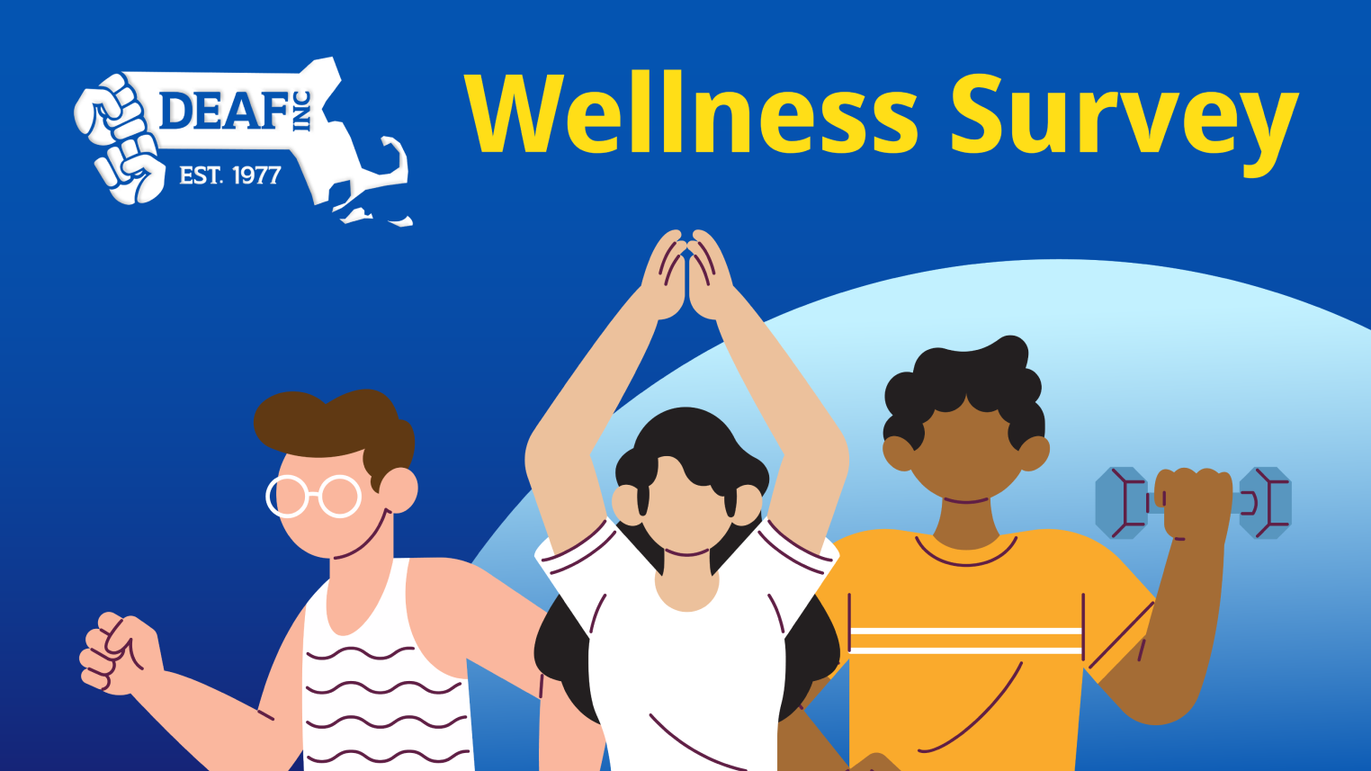 A dark blue background with the DEAF, Inc. logo at the top left and the words, “Wellness Survey” to the right of it. Below is a graphic of a multicultural group of people exercising.