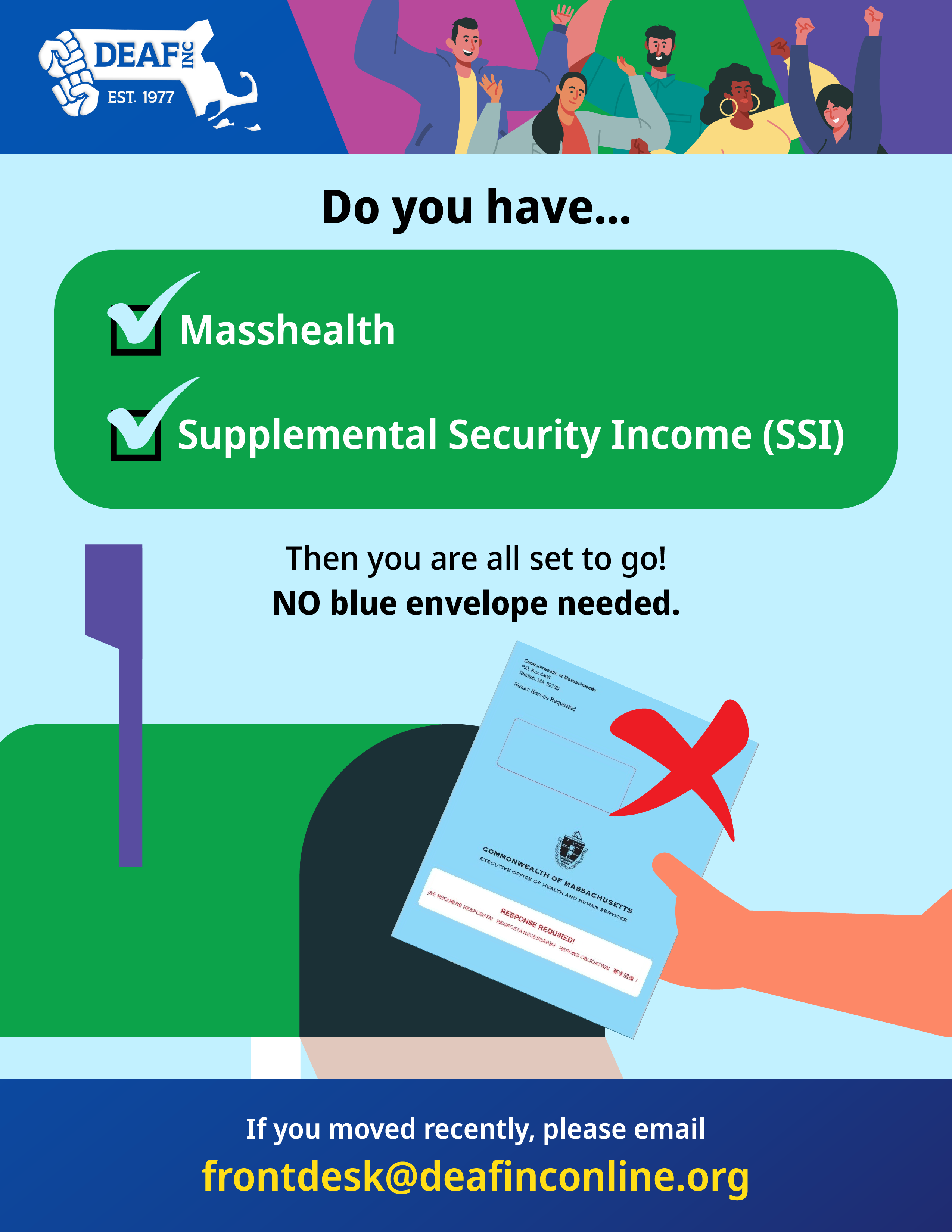 Flyer: A light blue back ground, at the very top is the DEAF, Inc. logo, and at the center is a hand putting a blue paper into a green mailbox. The text reads, “Do you have... Masshealth Supplemental Security Income (SSI) Then you are all set to go! NO blue envelope needed. If you moved recently, please email frontdesk@deafinconline.org”