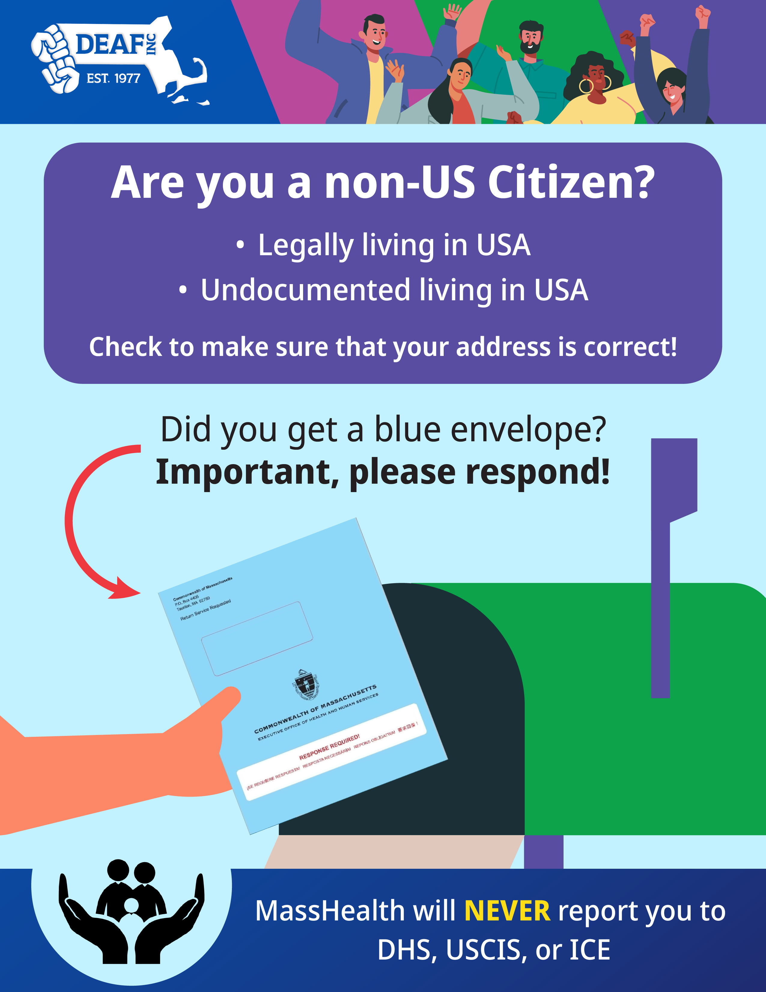 Flyer: A light blue back ground, at the very top is the DEAF, Inc. logo, and at the center is a hand putting a blue paper into a green mailbox. The text reads, “Are you a non-US Citizen? • Legally living in USA • Undocumented living in USA Check to make sure that your address is correct! Did you get a blue envelope. Important, please respond! MassHealth will NEVER report you to DHS, USCIS, or ICE”