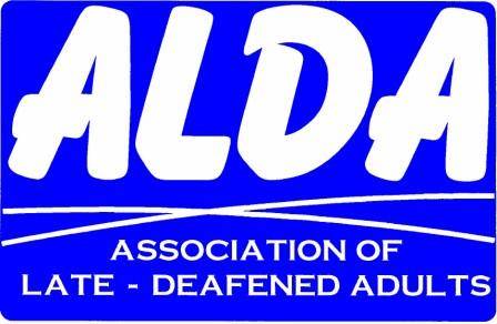 The image is a logo featuring the acronym "ALDA" in bold white letters against a blue background. Below the acronym, there is a white wavy line, and beneath that, the text reads "ASSOCIATION OF LATE DEAFENED ADULTS" in white capital letters.