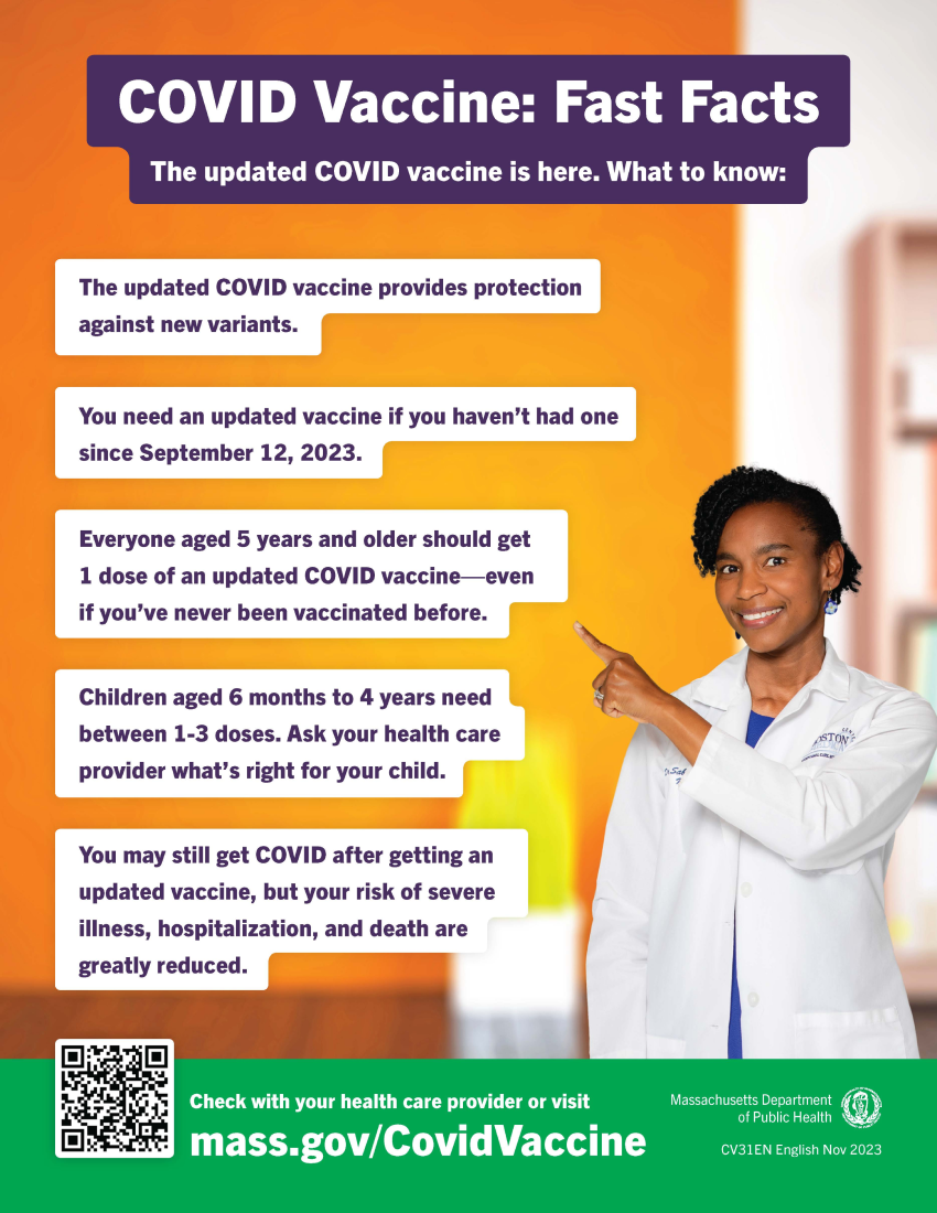 An informational flyer about COVID vaccines titled, “COVID Vaccine: Fast Facts The updated COVID vaccine is here. What to know: ” It features a healthcare professional pointing to key points: The updated COVID vaccine provides protection against new variants. You need an updated vaccine if you haven’t had one since September 12, 2023. Everyone aged 5 years and older should get 1 dose of an updated COVID vaccine—even if you’ve never been vaccinated before. Children aged 6 months to 4 years need between 1-3 doses. Ask your health care provider what’s right for your child. You may still get COVID after getting an updated vaccine, but your risk of severe illness, hospitalization, and death are greatly reduced. At the very bottom shows the following, “Check with your health care provider or visit mass.gov/CovidVaccine” next to the Massachusetts Department of Public Health logo.