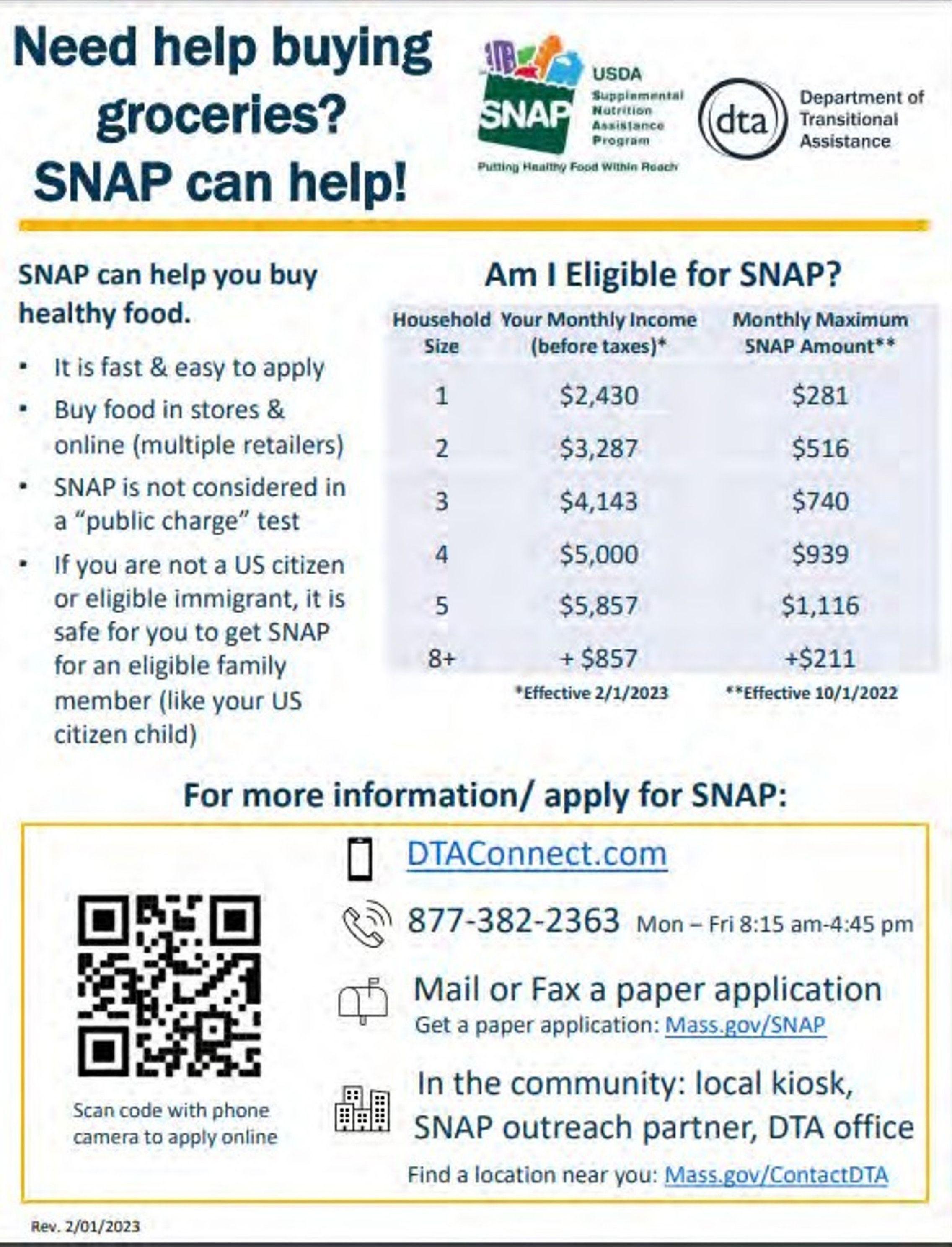A white flyer titled “Need help buying groceries? SNAP can help!” outlines the benefits and eligibility for SNAP. It highlights easy application, use in stores and online, and safety for non-citizens applying for eligible family members. It provides income limits and maximum benefits for households of different sizes. The flyer includes a QR code for online application, contact info (DTAConnect.com, 877-382-2363), and ways to apply (mail, fax, local kiosks, outreach partners, DTA offices). SNAP and DTA logos are at the top right.