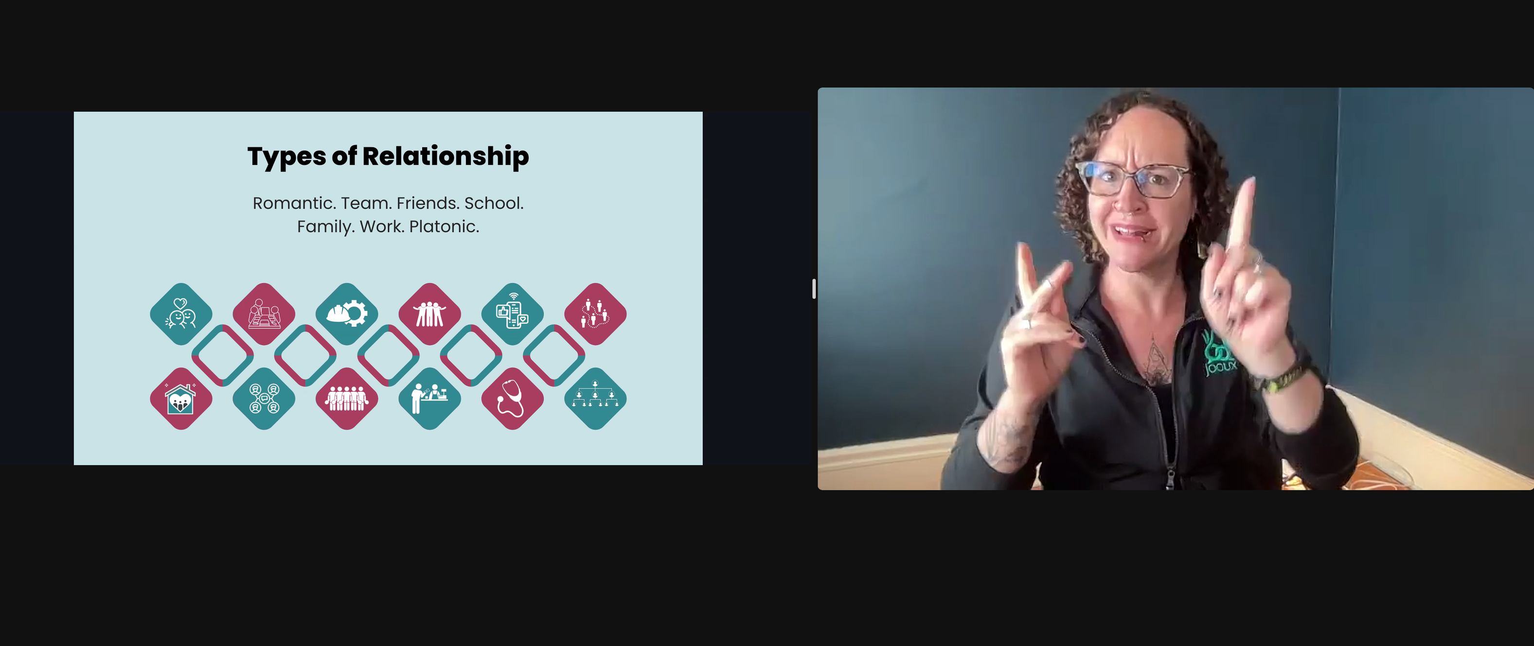 Image description: Bee Gehman is dressed in black with glasses and brown curl hair, she recently taught a Wellness Workshop on Communication in relationships, and the slide beside her shows the different types of relationships.