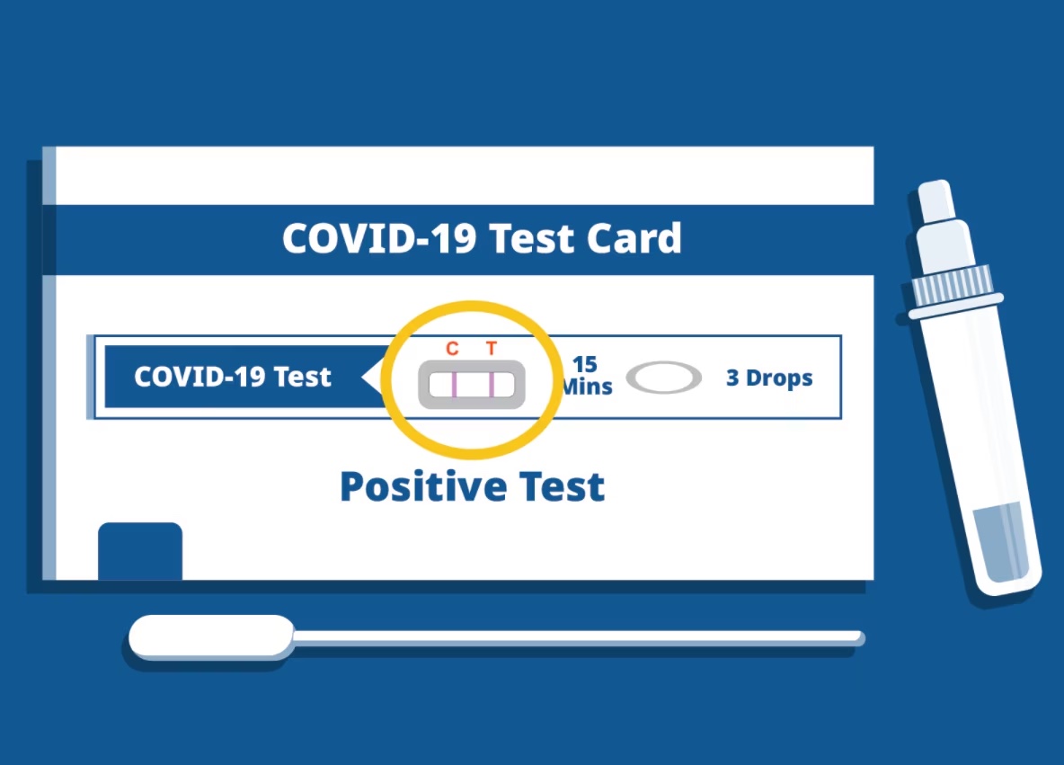 Image: blue background, with an illustrated white Covid-19 test card. To the right there is a white closed vial, and on the bottom of the card there is a white swab.