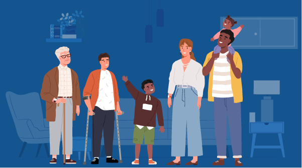 Image: blue background, with a family unit standing in the middle of a living room. (Left to right) an old man in a brown jacket holding a cane, a younger man stands dressed in an orange jacket and holds himself up on elbow crutches, a brown little boy wears a brown hoodie standing up waving, a blonde woman dressed in a white shirt and jeans smiles, a young brown man wears a yellow jacket while holding up a brown little girl dressed in a pink outfit.