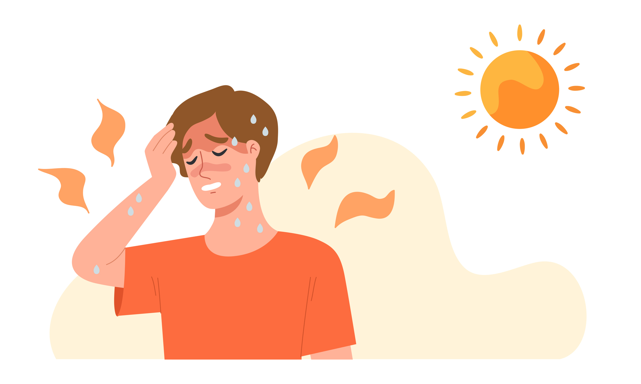 Image: white background with an illustrated sun beaming down on a sweaty man with brown hair in an orange t-shirt holding his forehead.