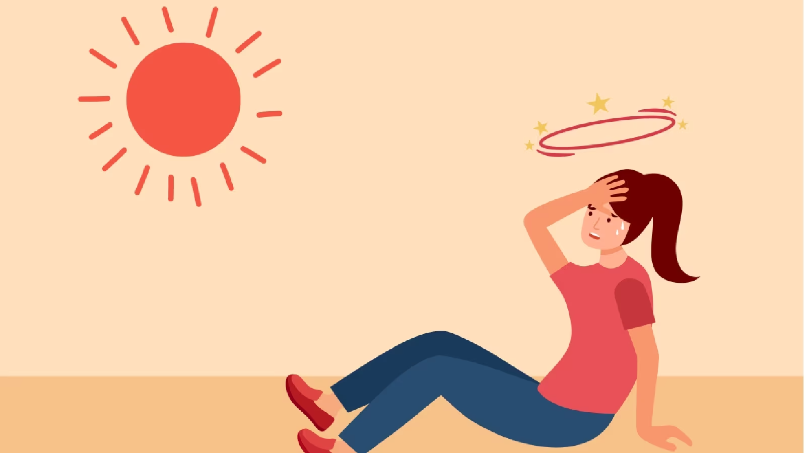 Image: cream background with an illustrated sun beaming down on a sweaty woman with brown hair in an orange-red t-shirt holding her forehead as she sits on the ground.