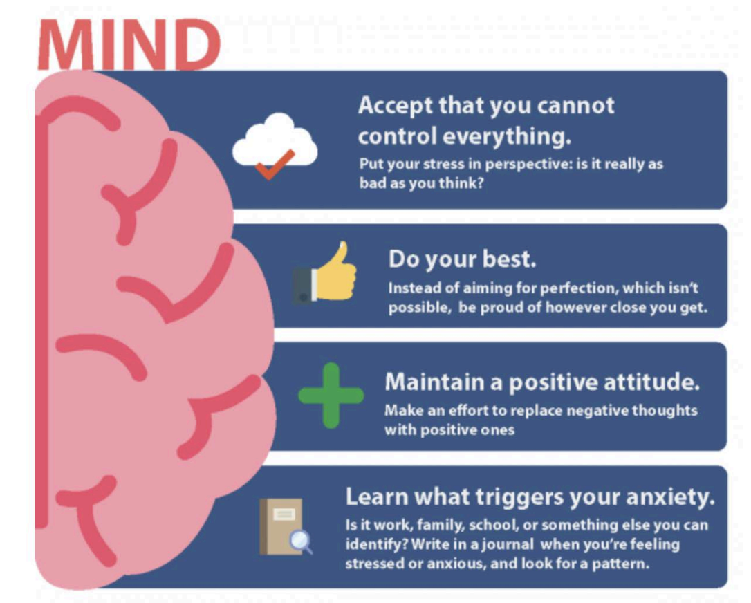 Graphic with a half brain on the left that have 4 blue boxes coming out from behind it. Title in salmon pink “MIND” Cloud icon with a red check mark on the left, text next to it “Accept that you cannot control everything. Put your stress in perspective: is it really as bad as you think? Yellow thumbs up icon on the left, text next to it “Do your best. Instead of aiming for perfection, which isnt possible, be proud of however close you get.” Green positive icon on the left, text next to it “Maintain a positive attitude. Make an effort to replace negative thoughts with positive ones.” Book with a magnifying glass icon on the left, text next to it “Learn what triggers your anxiety. Is it work, family, school, or something else you can identify? Write in a journal when you’re feeling stressed or anxious, and look for a pattern.”