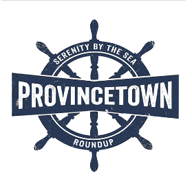 Graphic of a white background with a navy blue icon of a boat’s helm (wooden steering wheel) with “PROVINCETOWN” across in the middle, and “SERENITY BY THE SEA” on top of the helm along with “ROUNDUP” on the bottom of the helm.