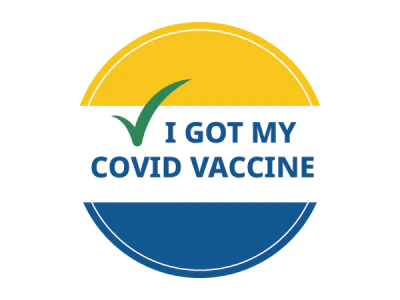 Yellow, white, and blue striped circle in the center with a green check mark next to “I GOT MY COVID VACCINE” text in blue.