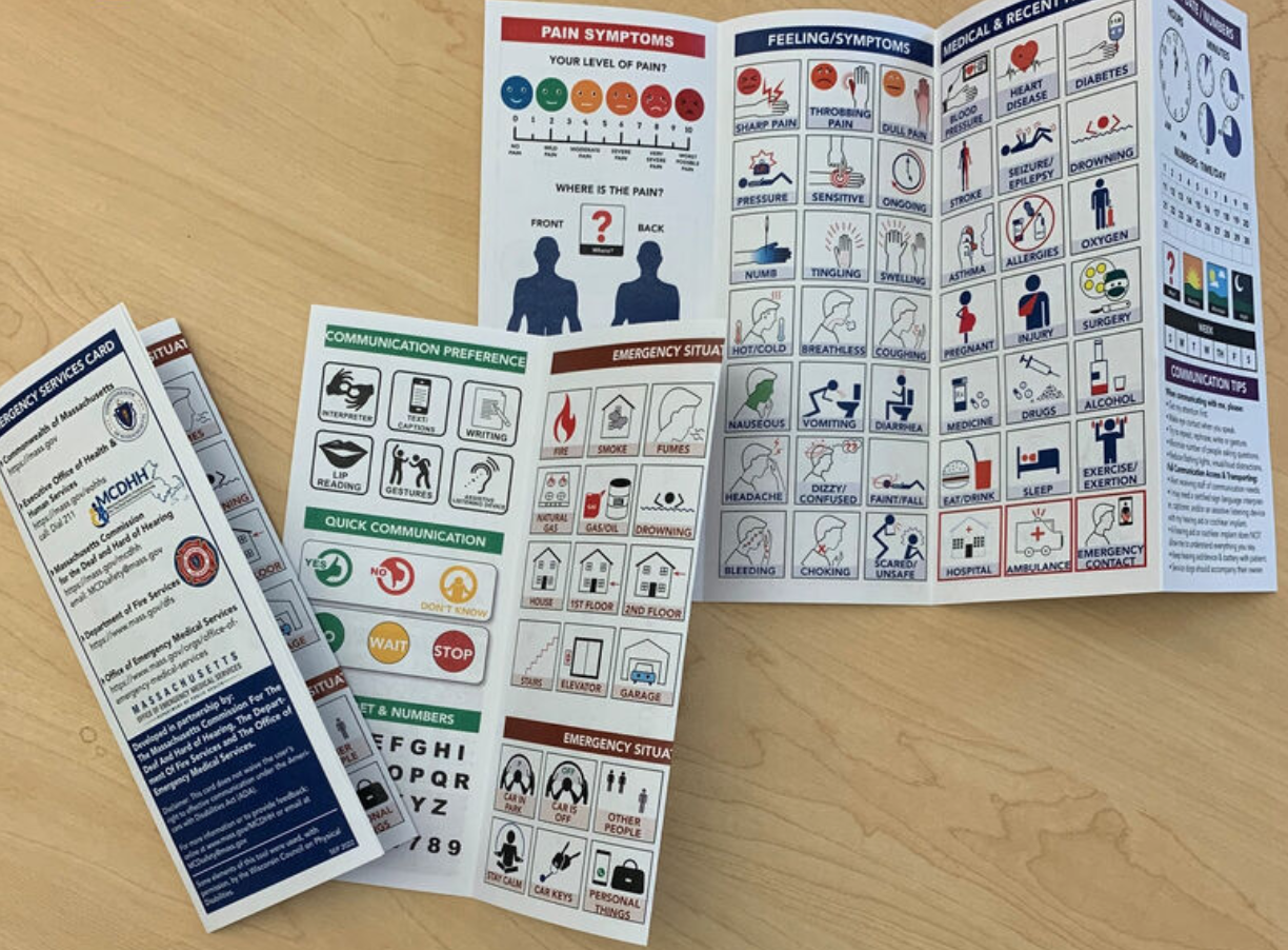 Wooden table with several emergency services card on the table unfolded, showing the icons and diagrams inside. Wooden table with several emergency services card on the table unfolded, showing the icons and diagrams inside.