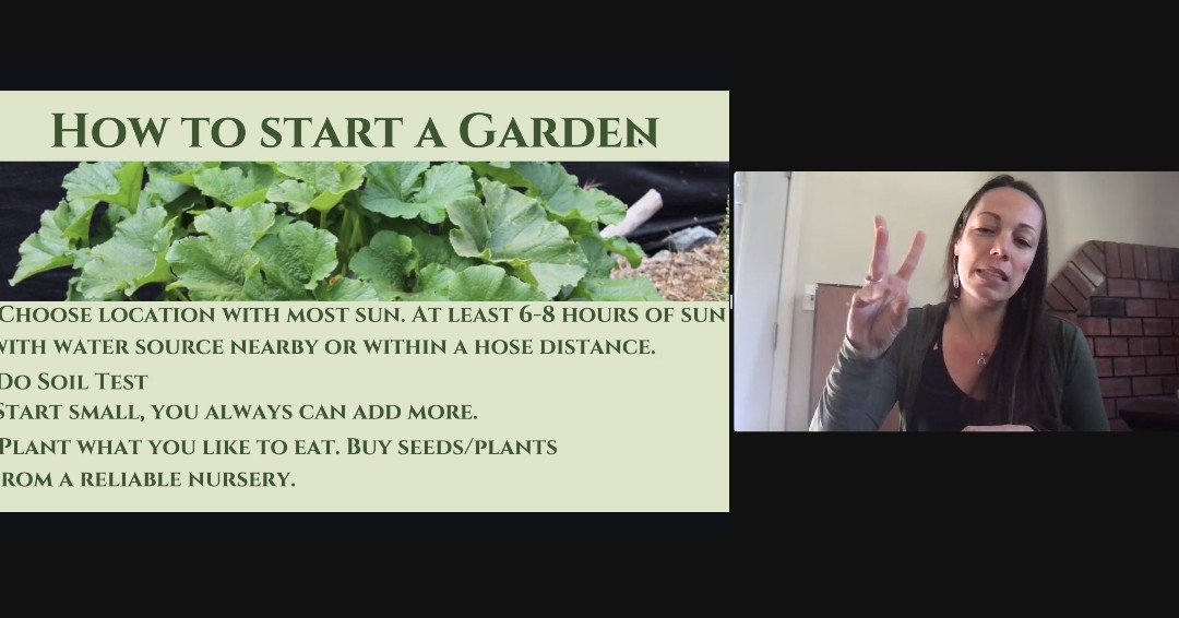 A photo of Angela Panks from the Wellness Workshop, “How to Grow Your Own Food & Herbs” PowerPoint with the image of a plant at the center. The slide reads, “HOW TO START A GARDEN CHOOSE LOCATION WITH MOST SUN. AT LEAST 6-8 HOURS OF SUN VITH WATER SOURCE NEARBY OR WITHIN A HOSE DISTANCE. DO SOIL TEST START SMALL, YOU ALWAYS CAN ADD MORE. PLANT WHAT YOU LIKE TO EAT. BUY SEEDS/PLANTS FROM A RELIABLE NURSERY.” Angela wears a green top and has straight brown hair. A photo of Angela Panks from the Wellness Workshop, “How to Grow Your Own Food & Herbs” PowerPoint with the image of a plant at the center. The slide reads, “HOW TO START A GARDEN CHOOSE LOCATION WITH MOST SUN. AT LEAST 6-8 HOURS OF SUN VITH WATER SOURCE NEARBY OR WITHIN A HOSE DISTANCE. DO SOIL TEST START SMALL, YOU ALWAYS CAN ADD MORE. PLANT WHAT YOU LIKE TO EAT. BUY SEEDS/PLANTS FROM A RELIABLE NURSERY.” Angela wears a green top and has straight brown hair.