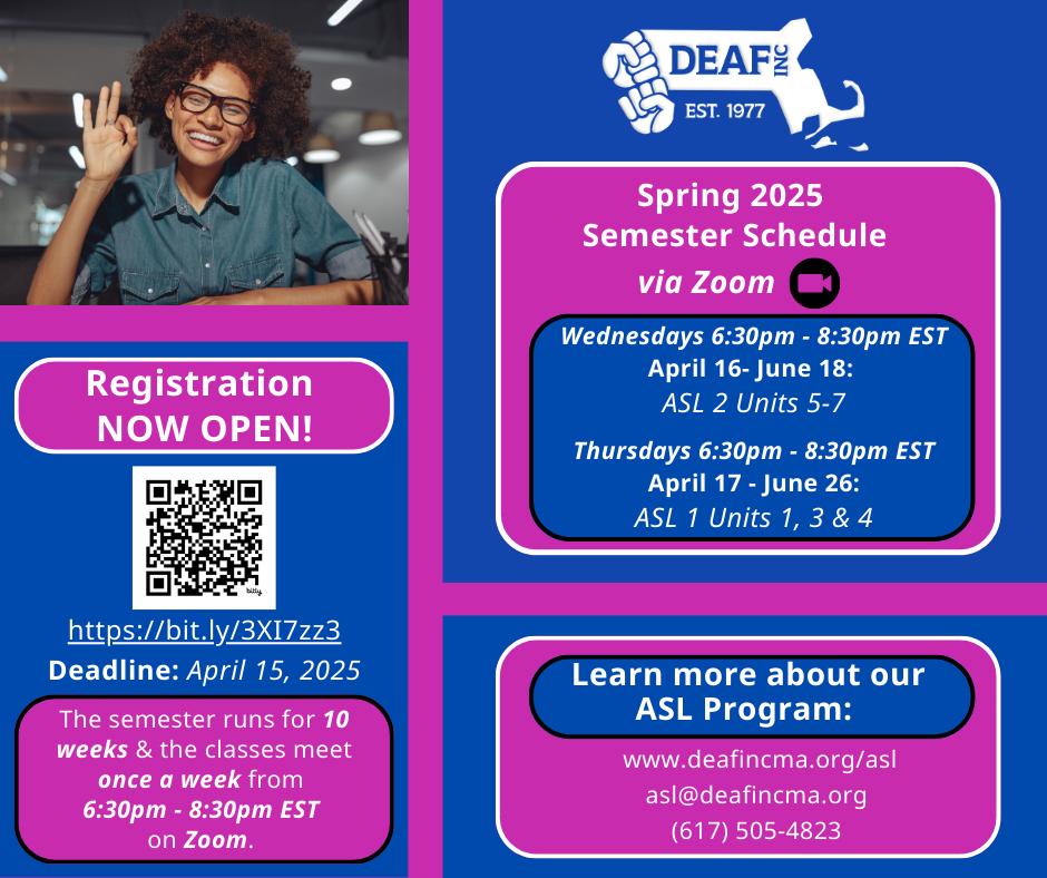 ASL courses registration open, Spring 2025. QR code and link https://bit.ly/3XI7zz3