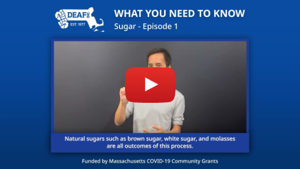 A dark blue background with a DEAF, Inc. logo at the center left and text next to it that reads, “WHAT YOU NEED TO KNOW Sugar - Episode 1” below it is the YouTube still image of a person signing with words below them that read, “Natural sugars such as brown sugar, white sugar, and molasses are all outcomes of this process.” At the very bottom says the following, “Funded by Massachusetts COVID-19 Community Grants.”