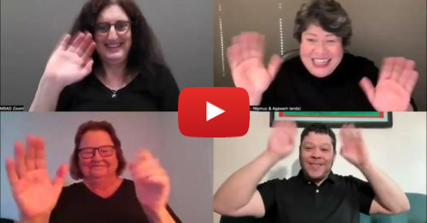 A 4-way Zoom call screenshot of a meeting with MSAD, everyone is waving with smiles on their faces. A red video play button is in the center. A 4-way Zoom call screenshot of a meeting with MSAD, everyone is waving with smiles on their faces. A red video play button is in the center.